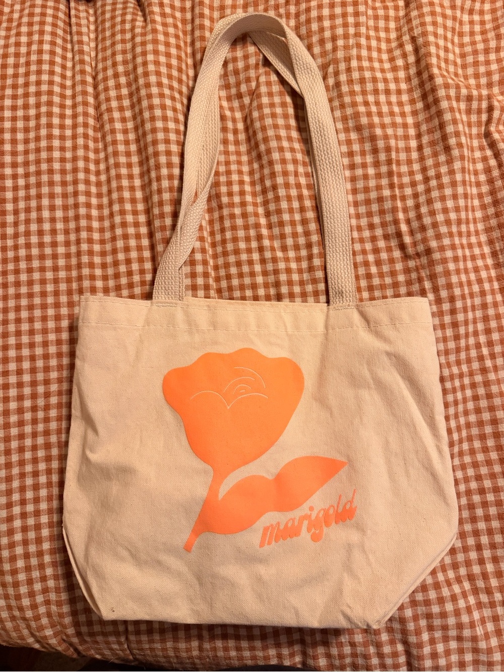 Marigold Canvas Tote Bag in Cream with Orange Print